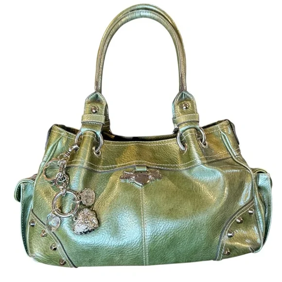 Kathy Van Zeeland Purse Metallic Green Silver Charm Satchel Bag - Picture 6 of 16